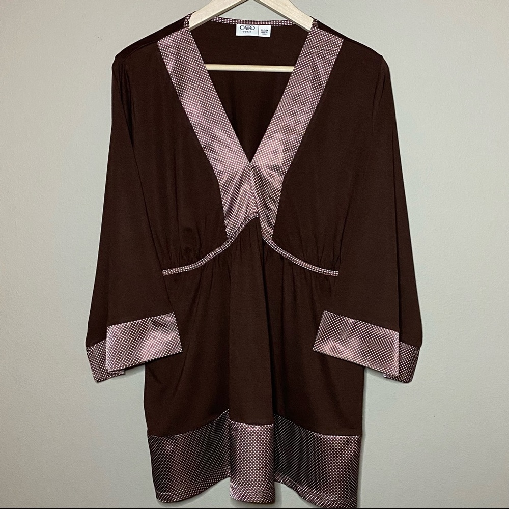 Cato Woman V-Neck Tunic Top Women 22/24W Brown White Polka Dot Trim Waist Tie